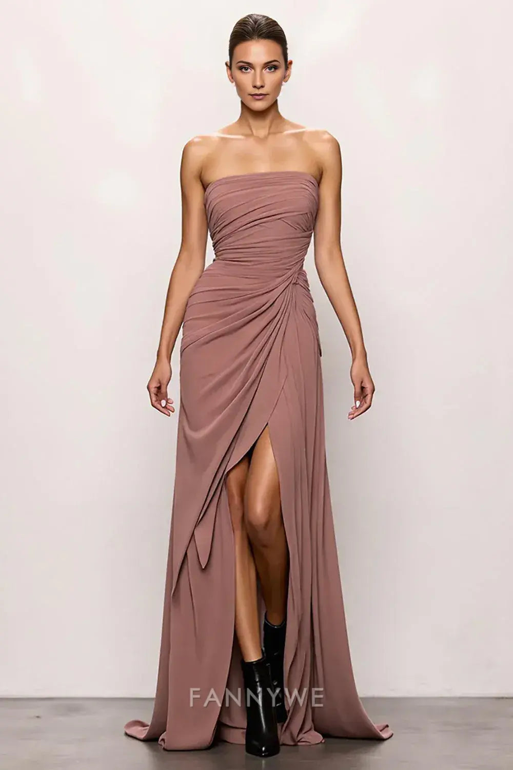 FannyWe Simple Blush Strapless Backless Ruched Long Evening Dress with Slit