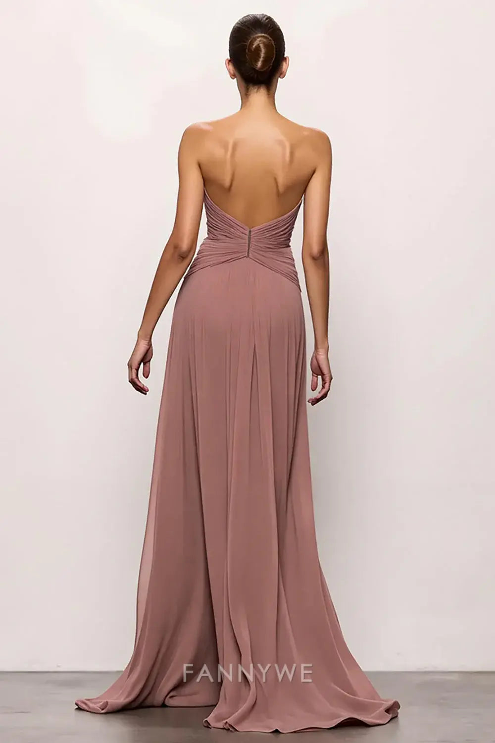 FannyWe Simple Blush Strapless Backless Ruched Long Evening Dress with Slit