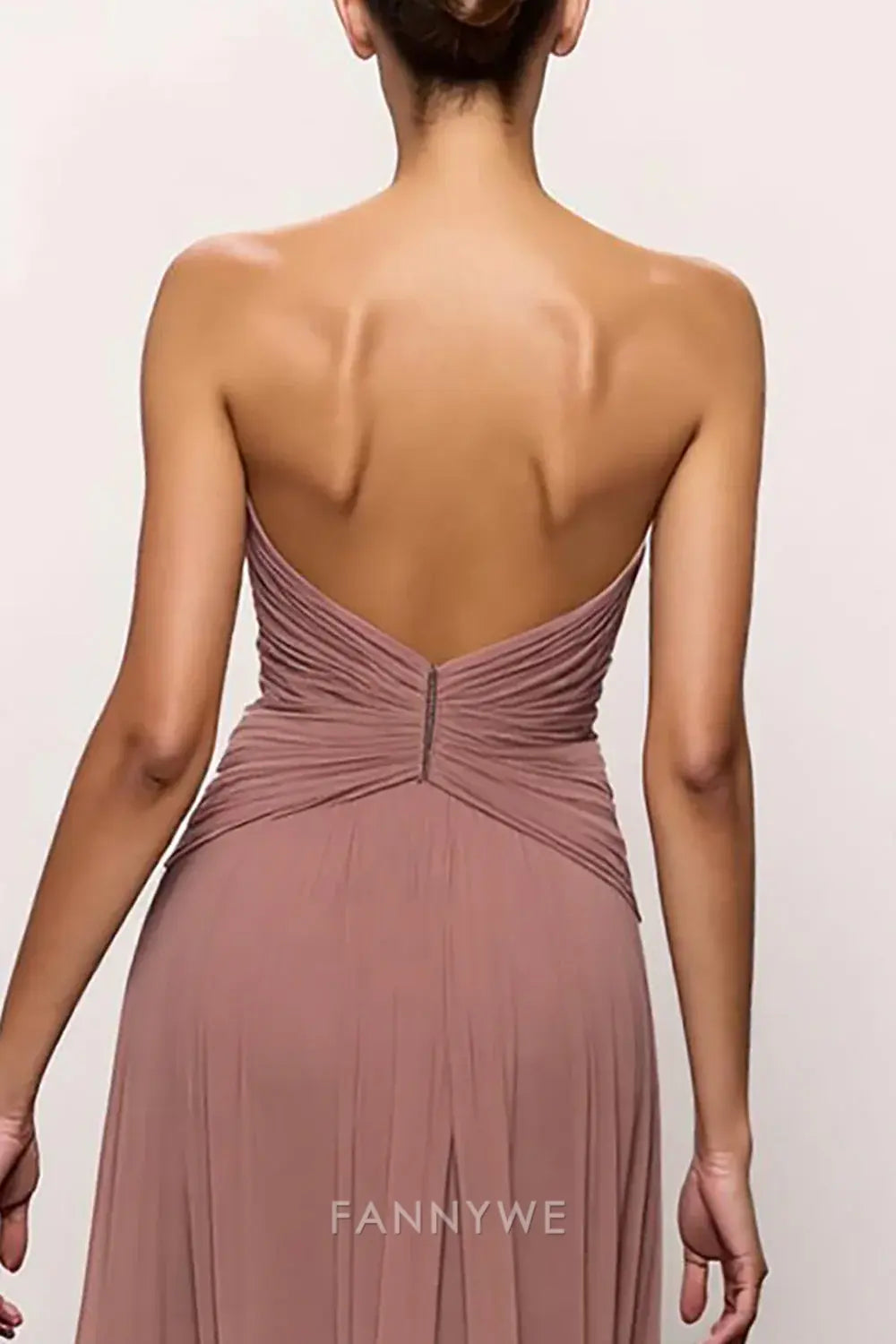 FannyWe Simple Blush Strapless Backless Ruched Long Evening Dress with Slit