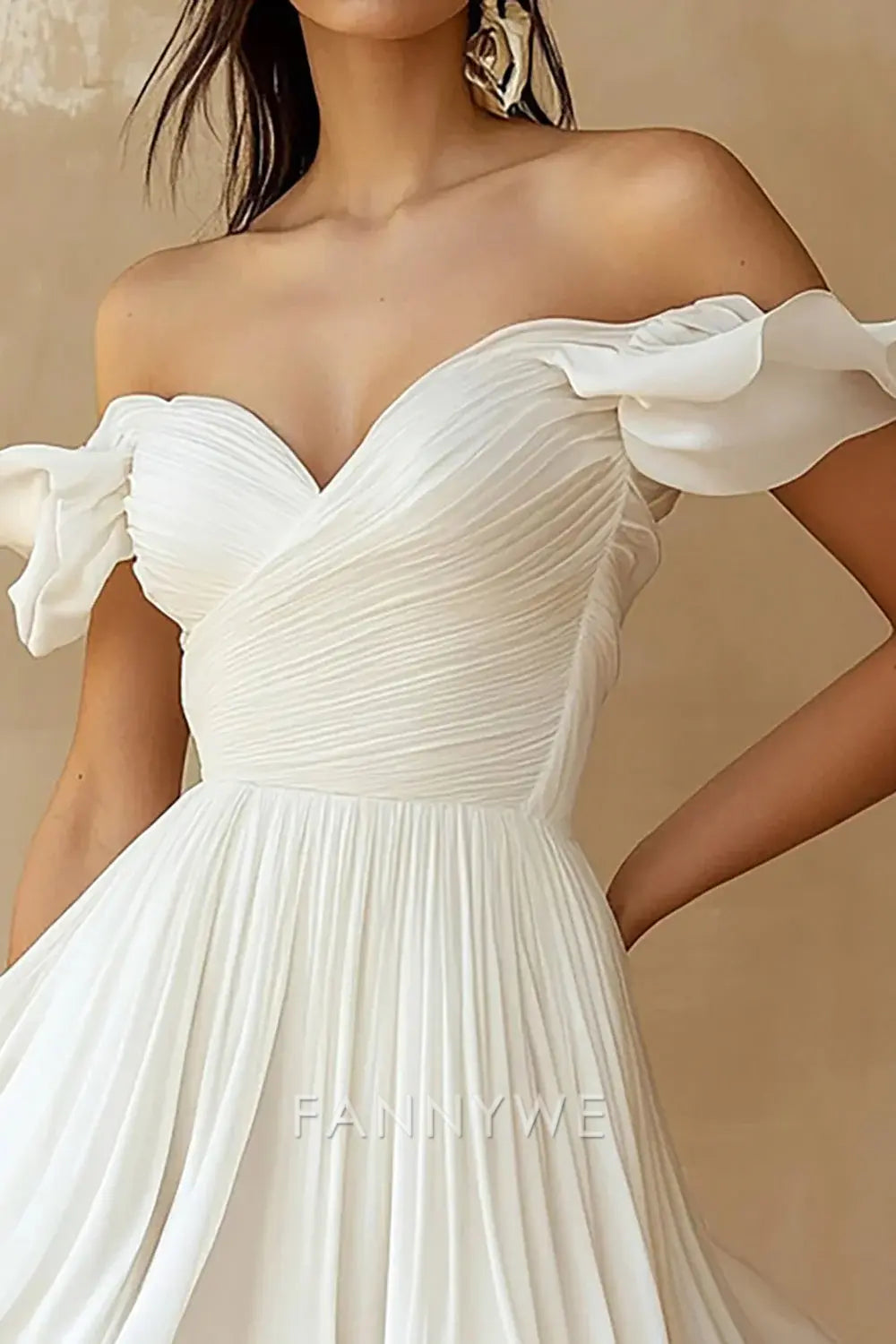 FannyWe Simple Chiffon Pleated A Line Mini Little White Dress with Ruffles