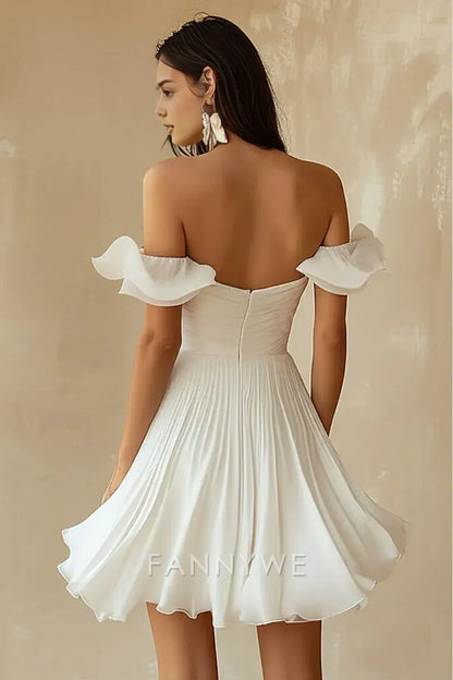 FannyWe Simple Chiffon Pleated A Line Mini Little White Dress with Ruffles