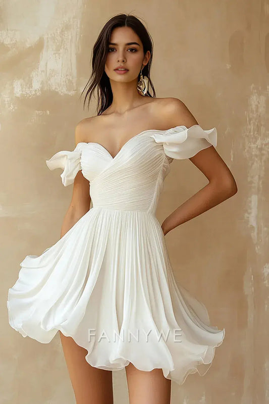 FannyWe Simple Chiffon Pleated A Line Mini Little White Dress with Ruffles