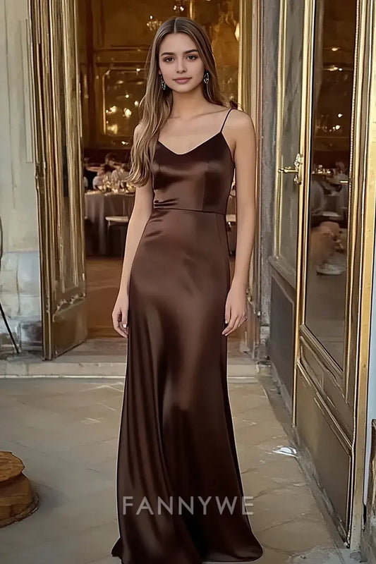 FannyWe Simple Coffee Sheath Satin Spaghetti Straps Long Formal Dress