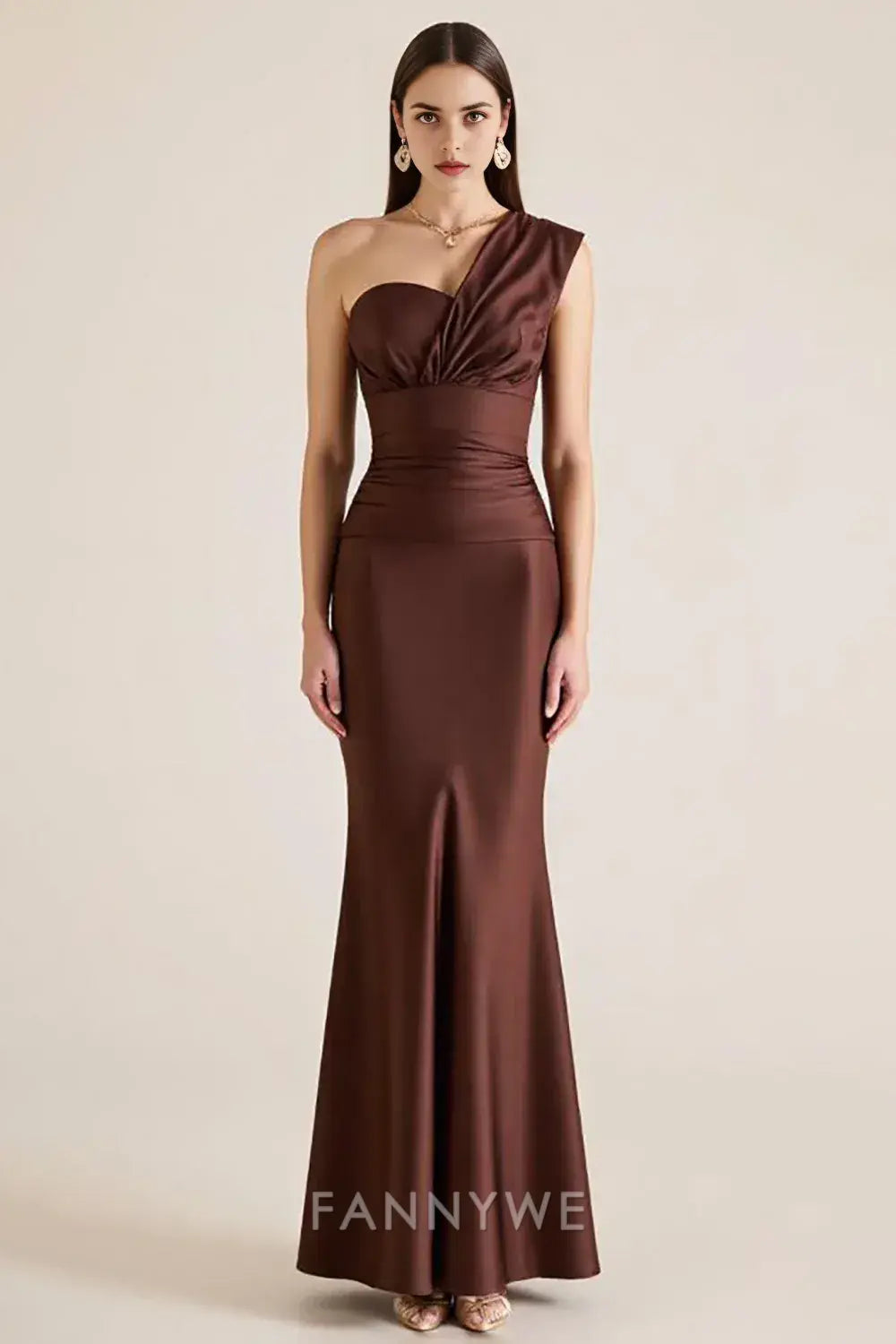 FannyWe Simple Dark Brown One Shoulder Satin Long Mermaid Wedding Guest Dress