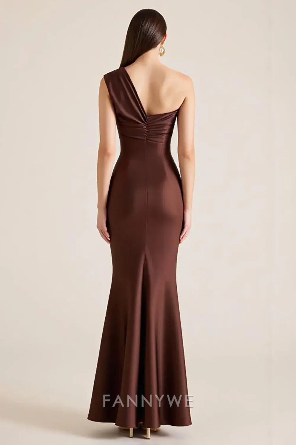 FannyWe Simple Dark Brown One Shoulder Satin Long Mermaid Wedding Guest Dress