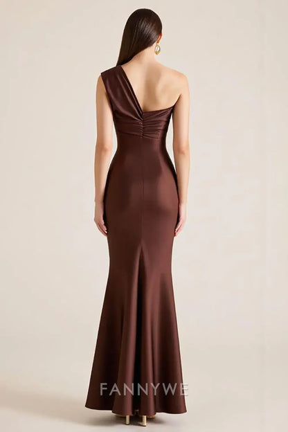 FannyWe Simple Dark Brown One Shoulder Satin Long Mermaid Wedding Guest Dress