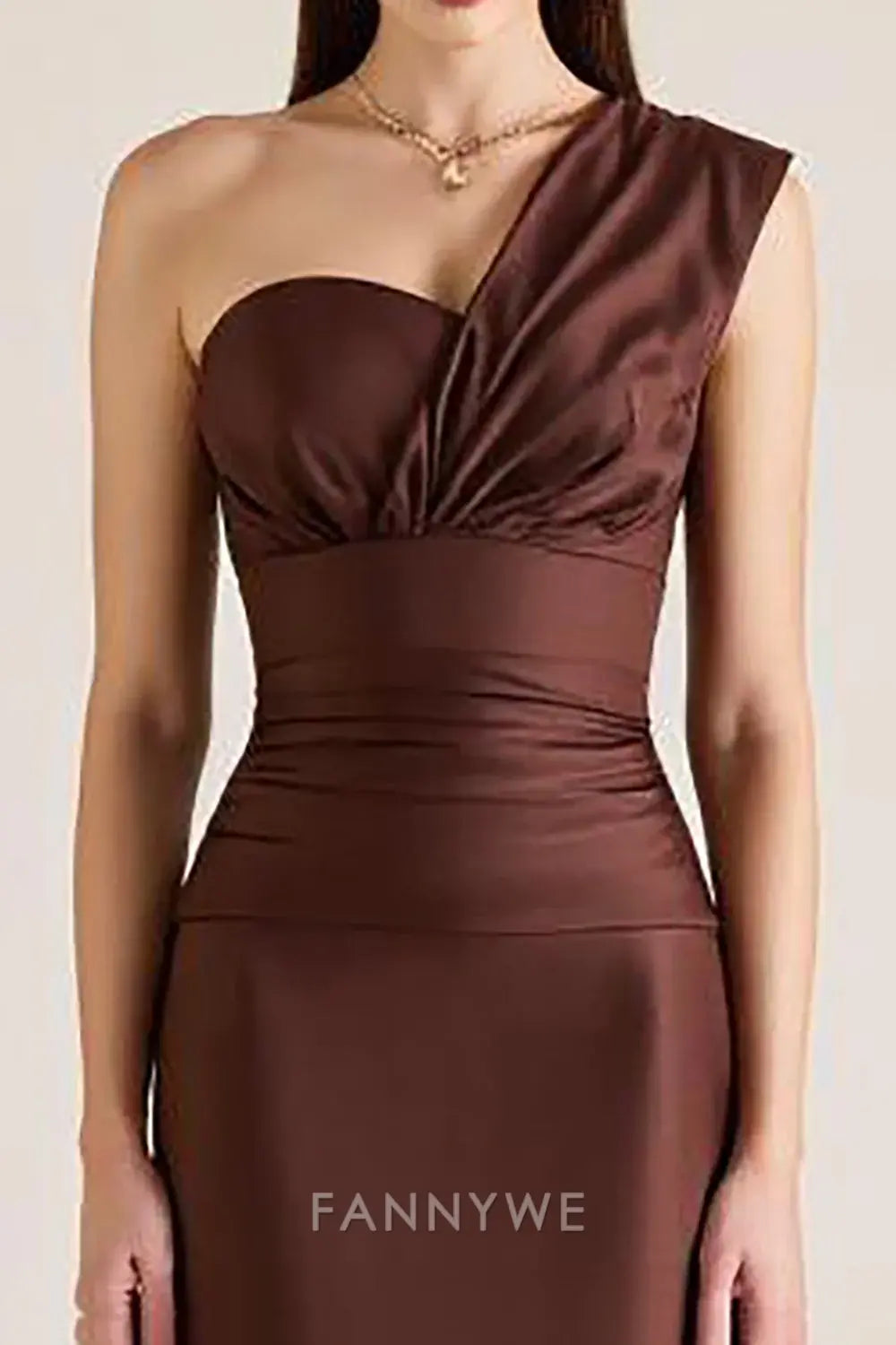 FannyWe Simple Dark Brown One Shoulder Satin Long Mermaid Wedding Guest Dress