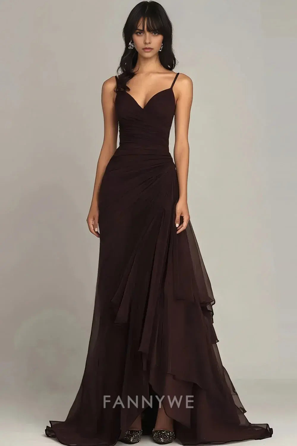 FannyWe Simple Dark Brown Spaghetti Straps Chiffon Long Formal Dress with Ruffles