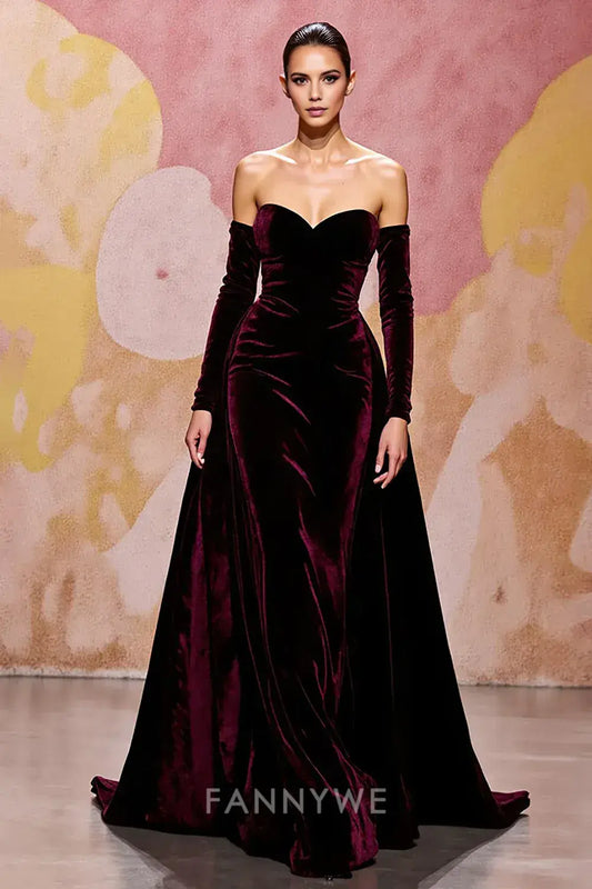 FannyWe Simple Dark Red Velvet A Line Long Sweetheart Evening Dress