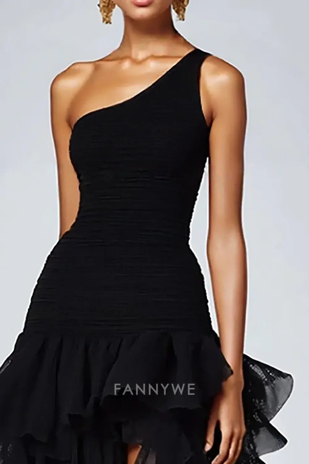 FannyWe Simple Evening Dresses Black Organza One Shoulder A Line High Low Formal Dress with Ruffles hot sale