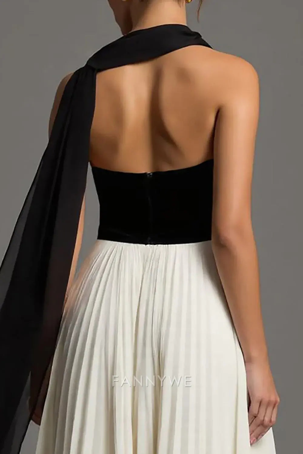 FannyWe Simple Evening Dresses Black and White Chiffon Sweetheart A Line Pleated Long Formal Dress hot sale
