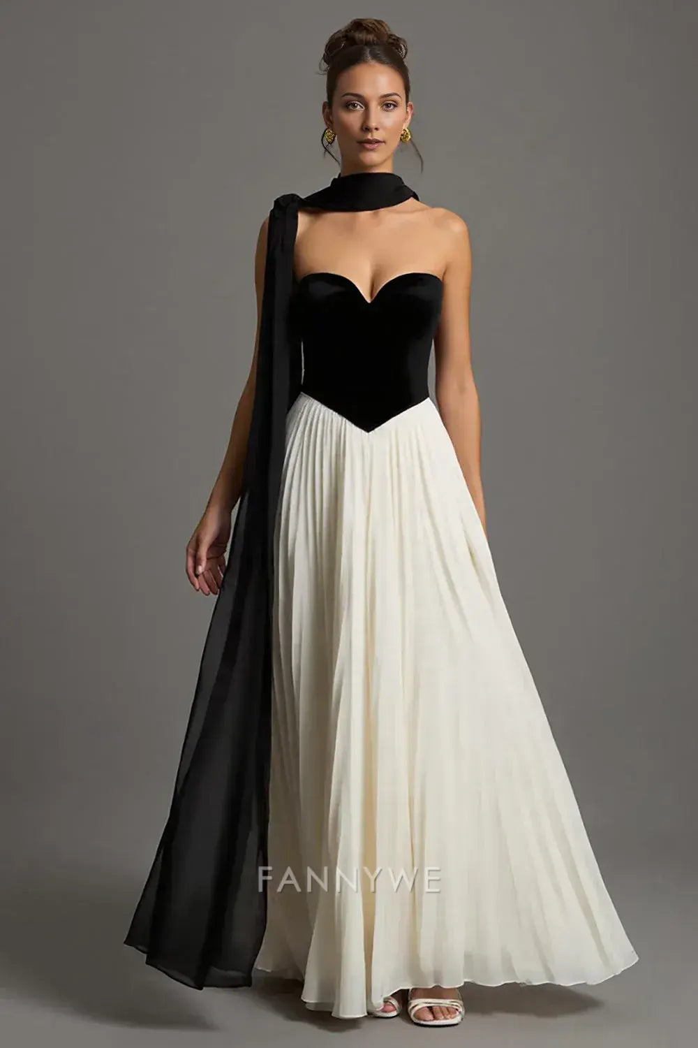 FannyWe Simple Evening Dresses Black and White Chiffon Sweetheart A Line Pleated Long Formal Dress hot sale
