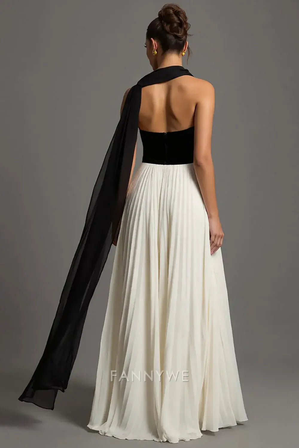 FannyWe Simple Evening Dresses Black and White Chiffon Sweetheart A Line Pleated Long Formal Dress hot sale