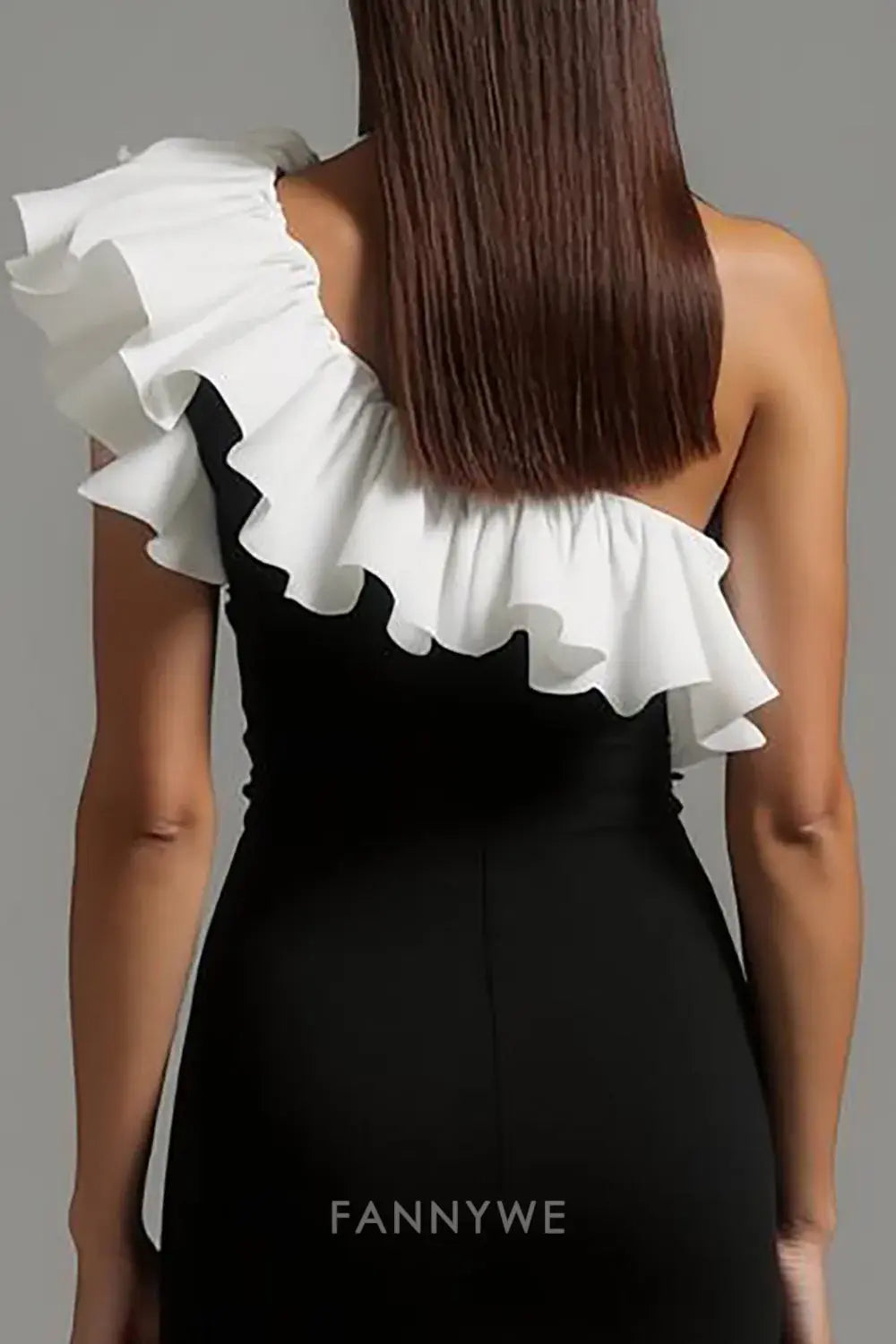 FannyWe Simple Evening Dresses Black and White Sheath One Shoulder Long Formal Dress with Ruffles hot sale