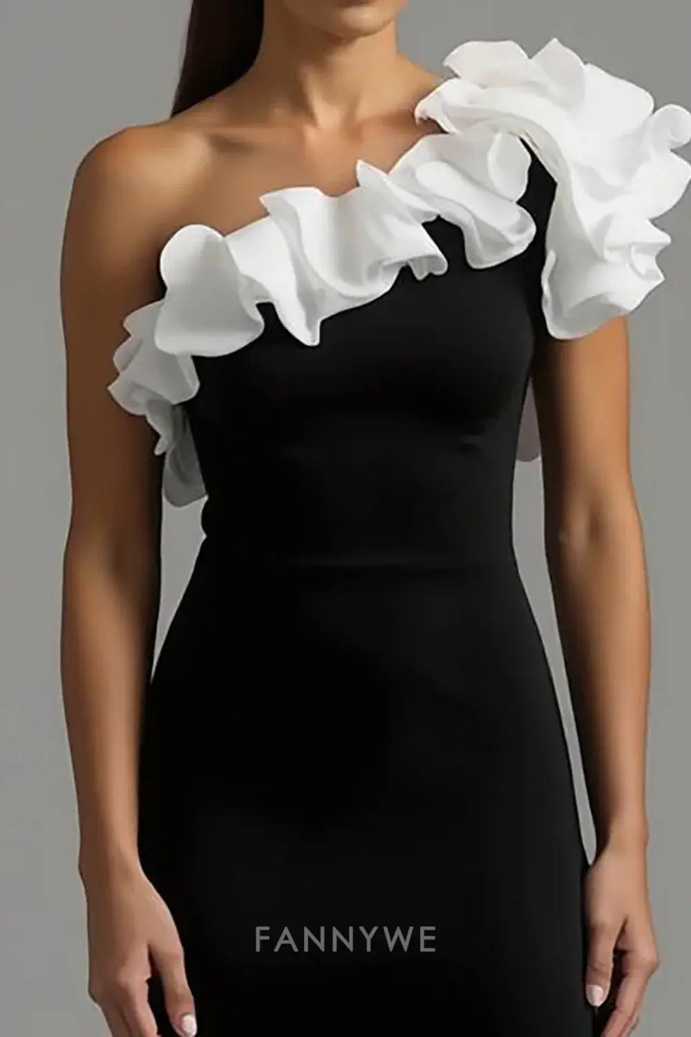 FannyWe Simple Evening Dresses Black and White Sheath One Shoulder Long Formal Dress with Ruffles hot sale