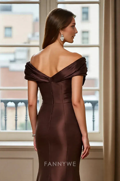 FannyWe Simple Evening Dresses Brown Satin Off the Shoulder Long Mermaid Mother of the Bride Dress hot sale