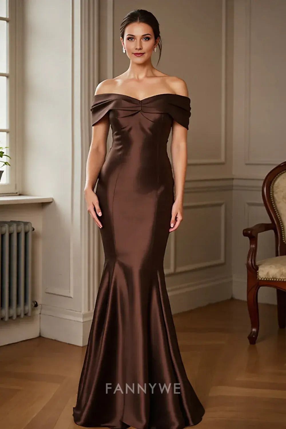 FannyWe Simple Evening Dresses Brown Satin Off the Shoulder Long Mermaid Mother of the Bride Dress hot sale