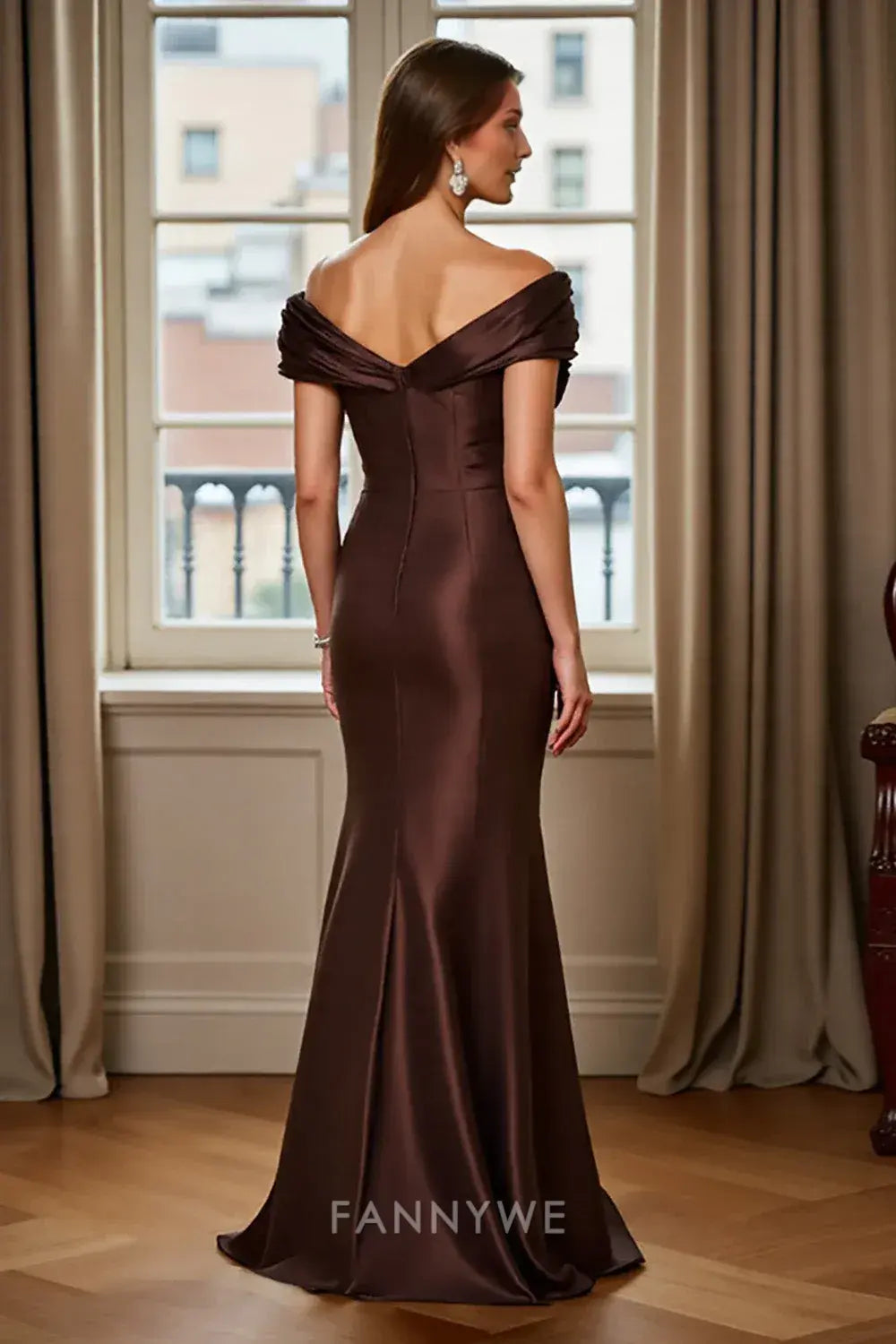 FannyWe Simple Evening Dresses Brown Satin Off the Shoulder Long Mermaid Mother of the Bride Dress hot sale