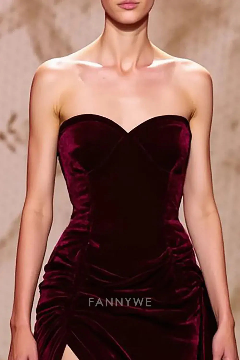 FannyWe Simple Evening Dresses Dark Red Velvet Sweetheart Long Evening Dress with Slit hot sale