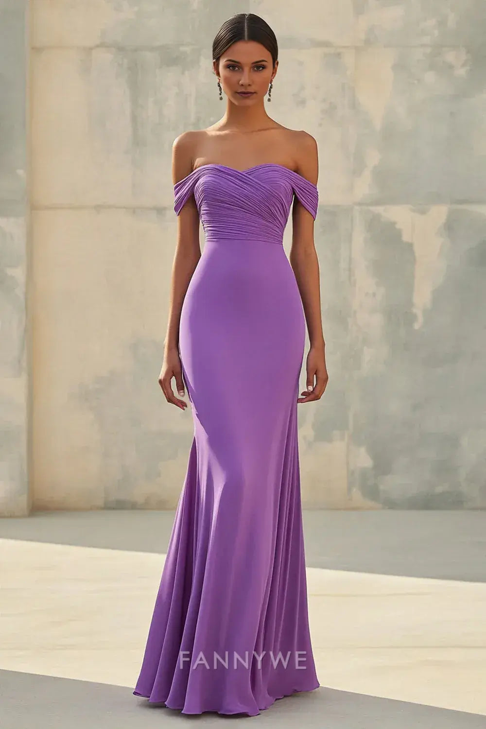 FannyWe Simple Evening Dresses Mermaid Off Shoulder Purple Chiffon Long Formal Dress hot sale