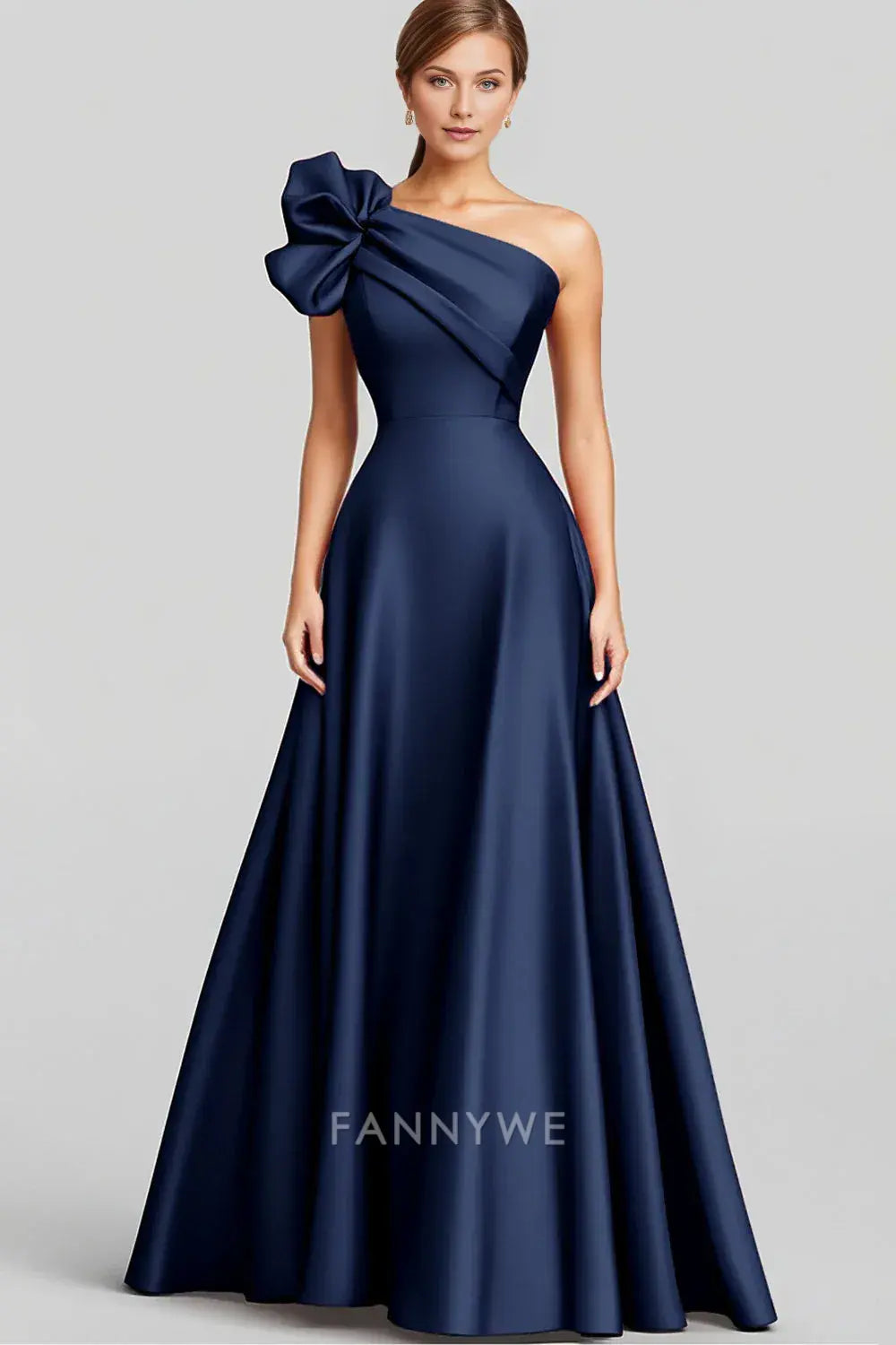 FannyWe Simple Evening Dresses Navy A-Line Ruffled One Shoulder Satin Long Formal Dress hot sale