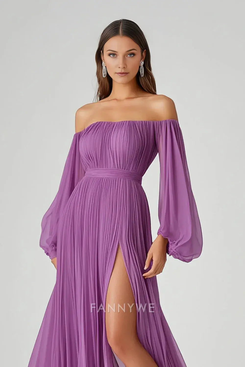 FannyWe Simple Evening Dresses Purple A Line Long Sleeves Long Chiffon Formal Dress with Slit hot sale