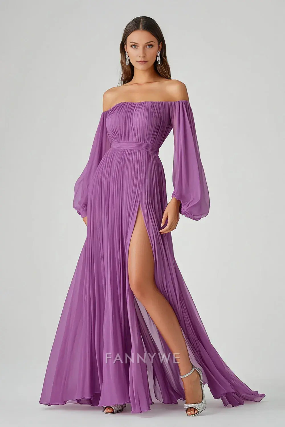 FannyWe Simple Evening Dresses Purple A Line Long Sleeves Long Chiffon Formal Dress with Slit hot sale