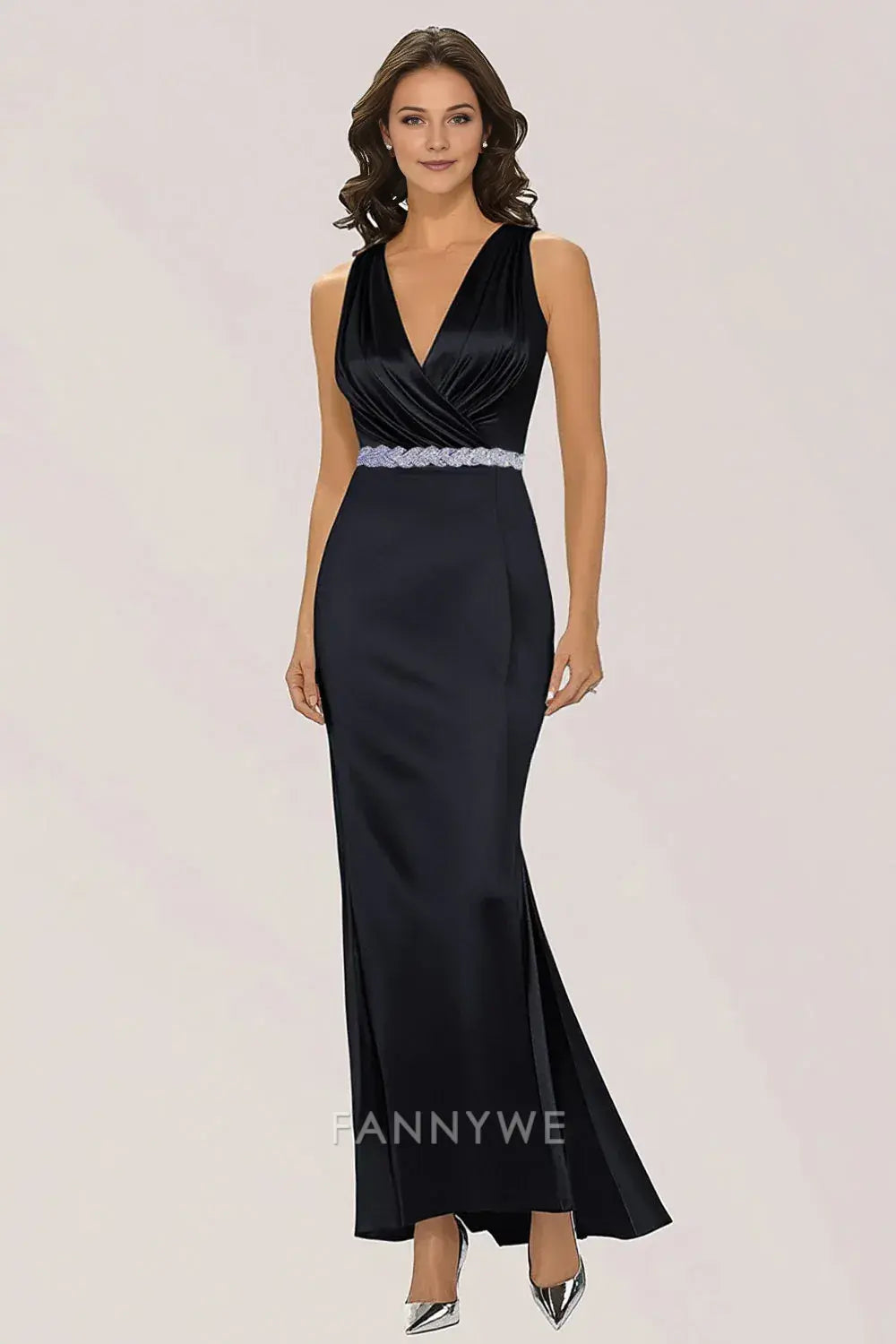 FannyWe Simple Evening Dresses Sparkly Black Mermaid Wrap Beaded V Neck Long Formal Dress hot sale