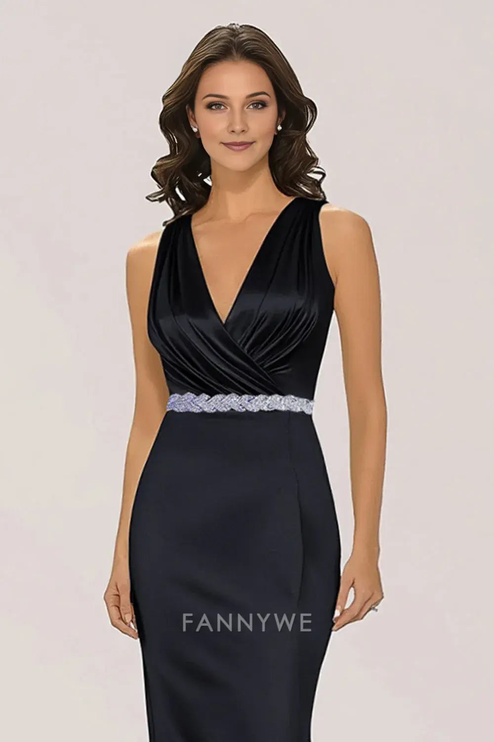 FannyWe Simple Evening Dresses Sparkly Black Mermaid Wrap Beaded V Neck Long Formal Dress hot sale