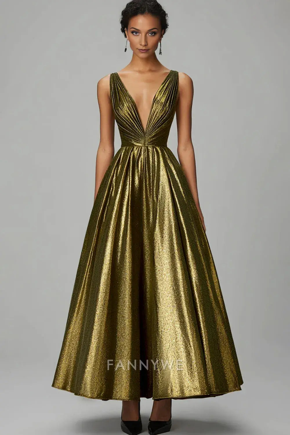 FannyWe Simple Evening Dresses Sparkly Dark Gold A-Line V Neck Ruched Ankle Length Formal Dress hot sale