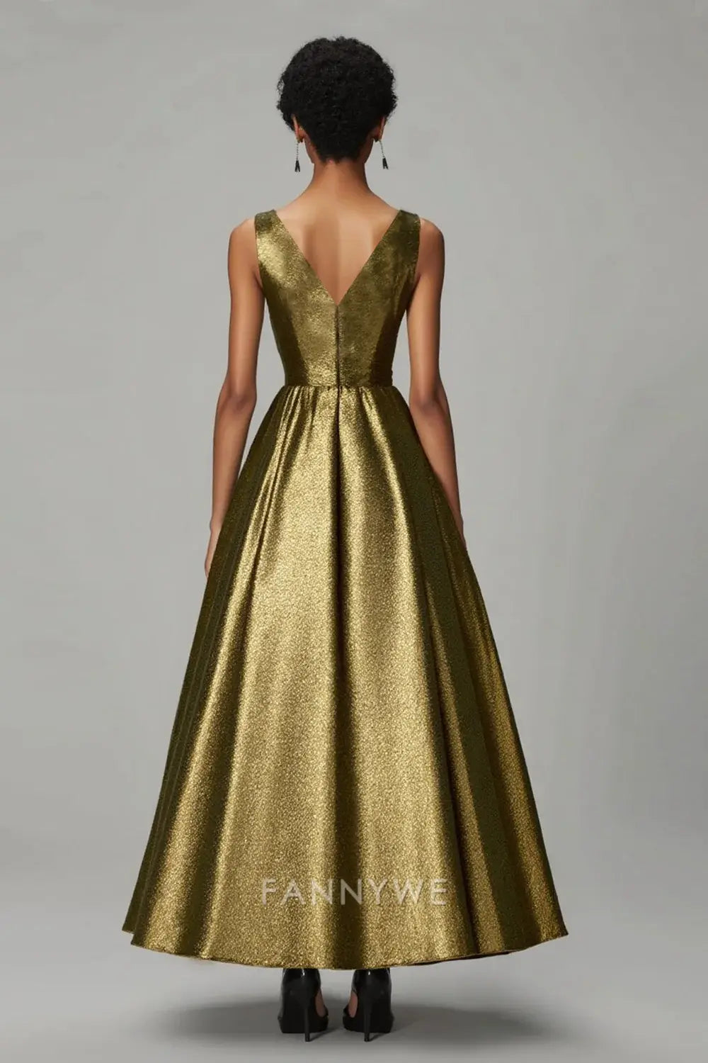 FannyWe Simple Evening Dresses Sparkly Dark Gold A-Line V Neck Ruched Ankle Length Formal Dress hot sale