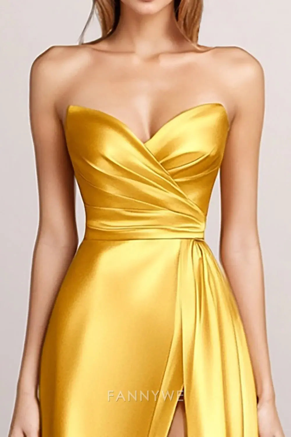 FannyWe Simple Evening Dresses Yellow A-Line Strapless Wrap Ruched Satin Long Formal Dress with Slit hot sale