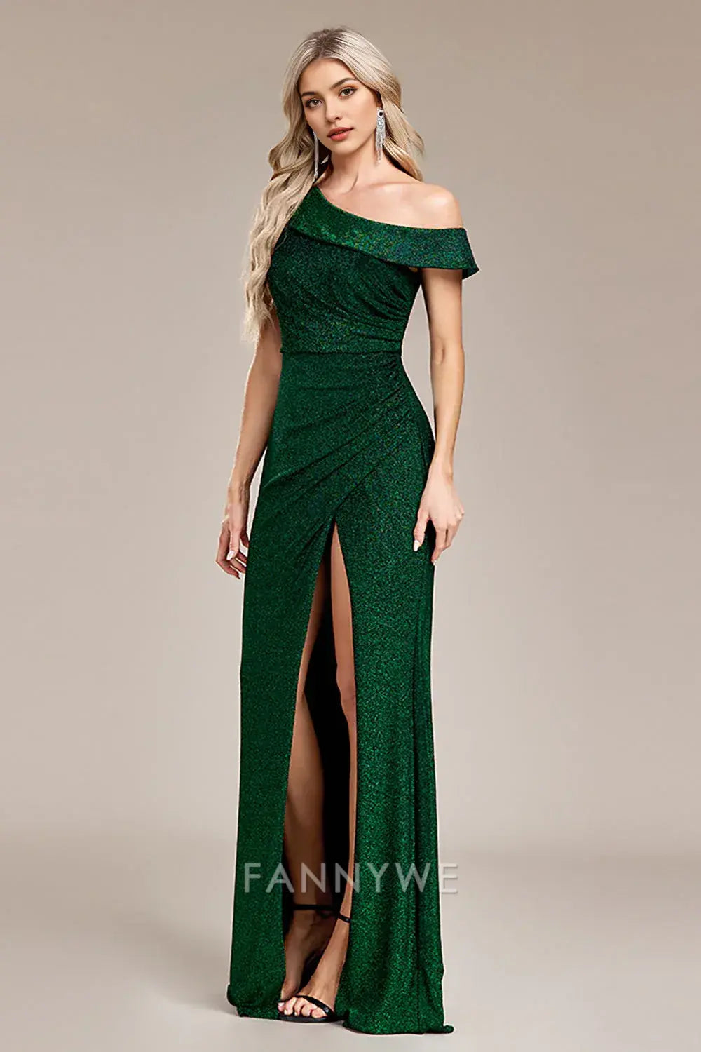 FannyWe Simple Glitter Dark Green Mermaid One Shoulder Long Prom Dress with Slit formal wear dresses