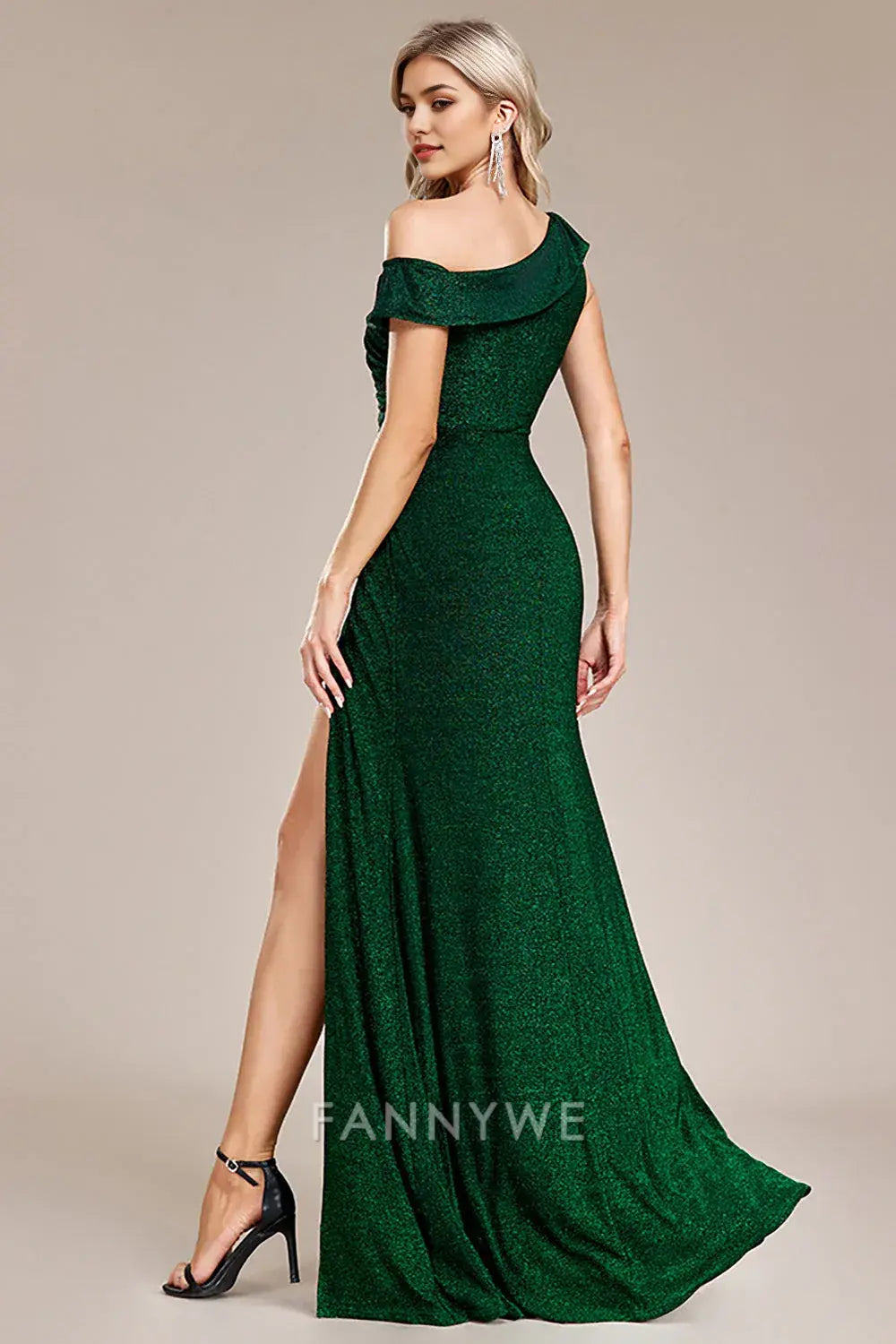 FannyWe Simple Glitter Dark Green Mermaid One Shoulder Long Prom Dress with Slit formal wear dresses