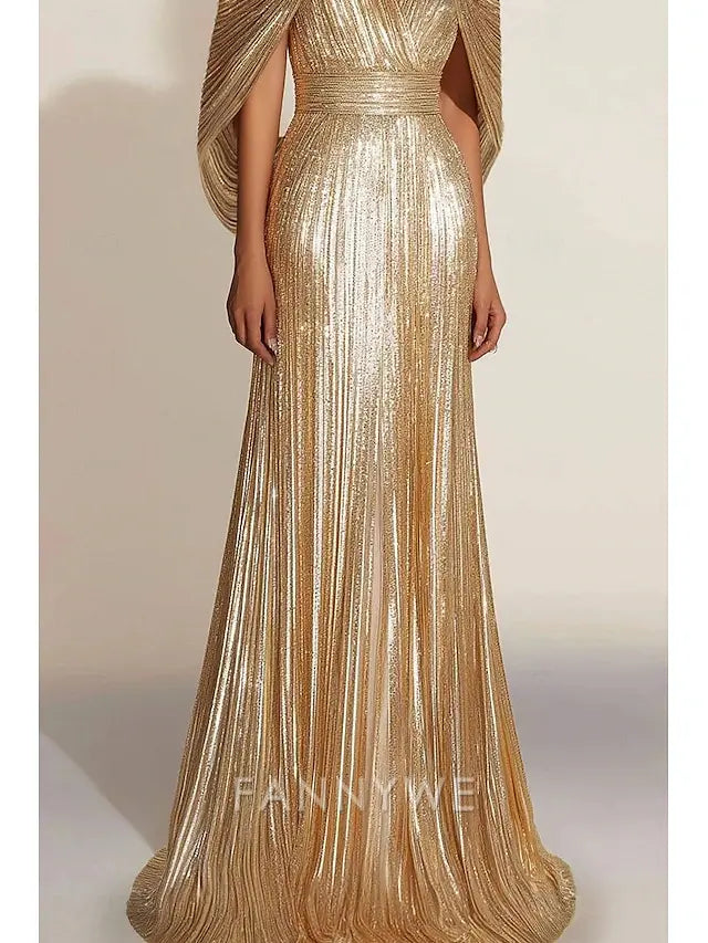 FannyWe Simple Gold Sequin A-Line Evening Gown Elegant Dress Formal Wedding Floor Length Short Sleeve V Neck Capes Lurex Fabric with Pleats