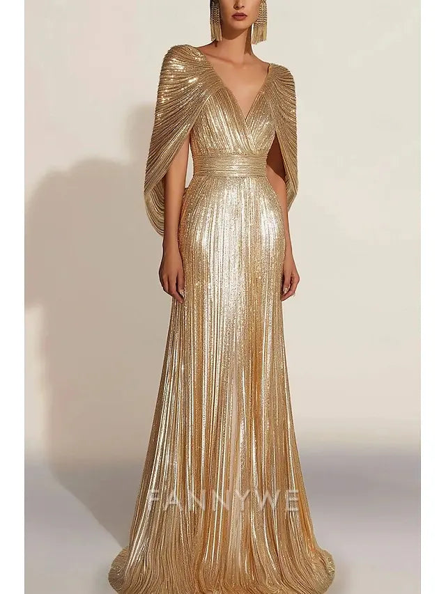 FannyWe Simple Gold Sequin A-Line Evening Gown Elegant Dress Formal Wedding Floor Length Short Sleeve V Neck Capes Lurex Fabric with Pleats