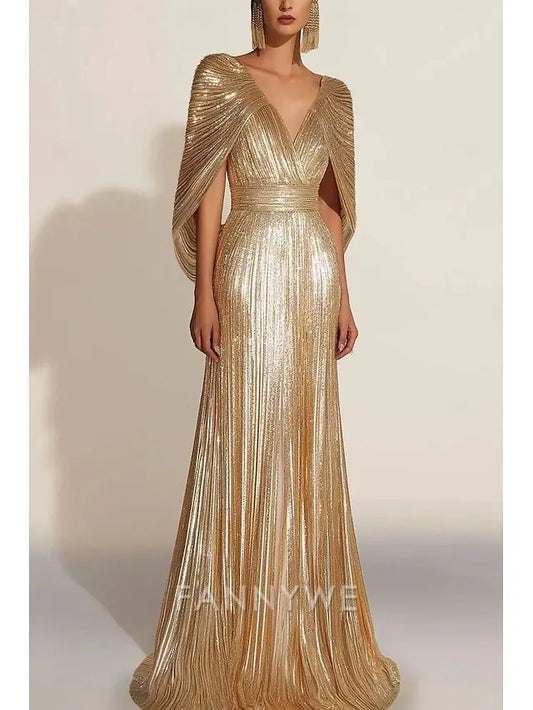 FannyWe - Vestido de noche elegante, sencillo, con lentejuelas doradas, corte A, para boda, formal, largo hasta el suelo, manga corta, cuello en V, capas, tela de lurex con pliegues 