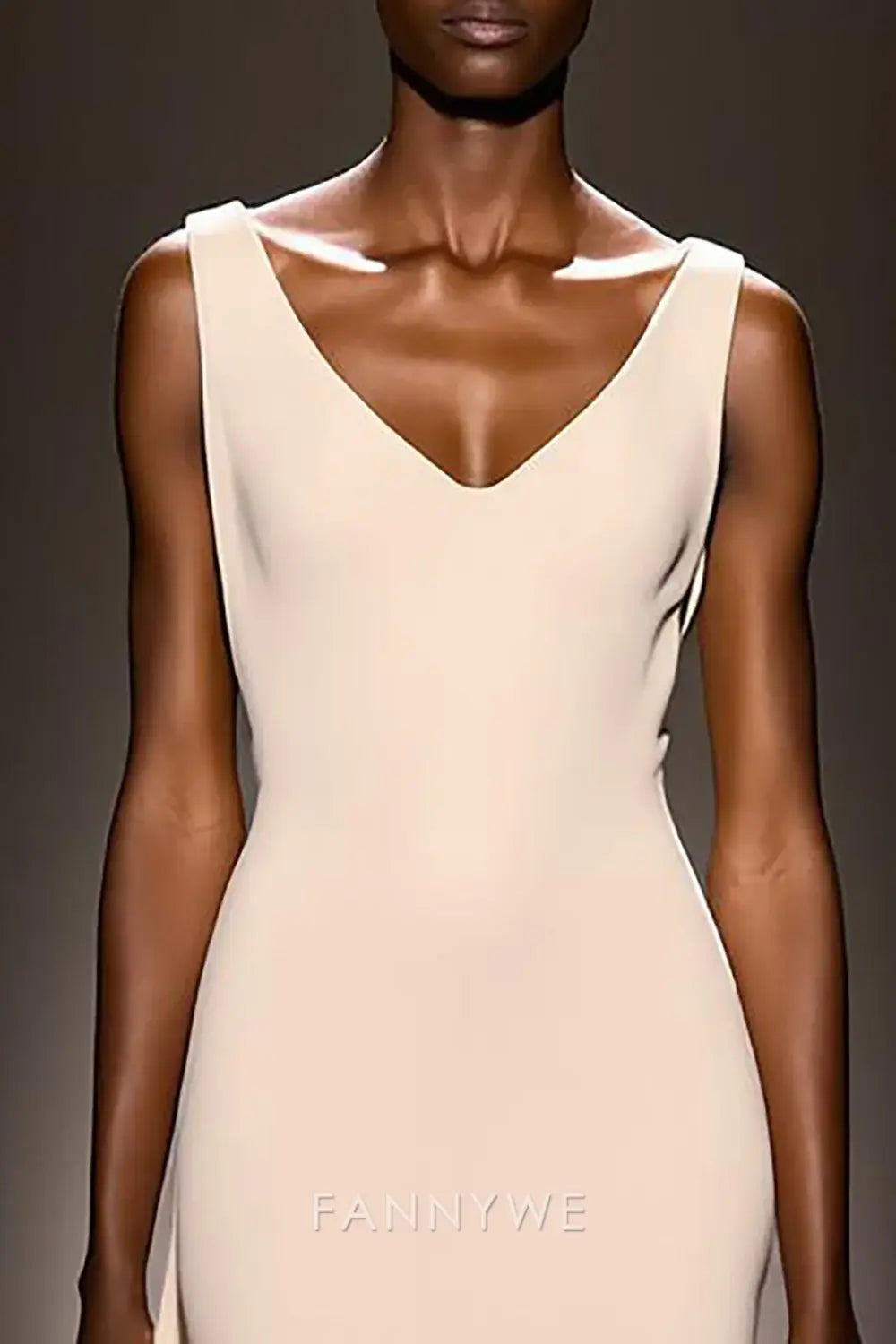 FannyWe Simple Ivory V-Neck Sheath Satin Backless Long Evening Dress