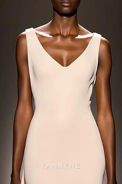 FannyWe Simple Ivory V-Neck Sheath Satin Backless Long Evening Dress
