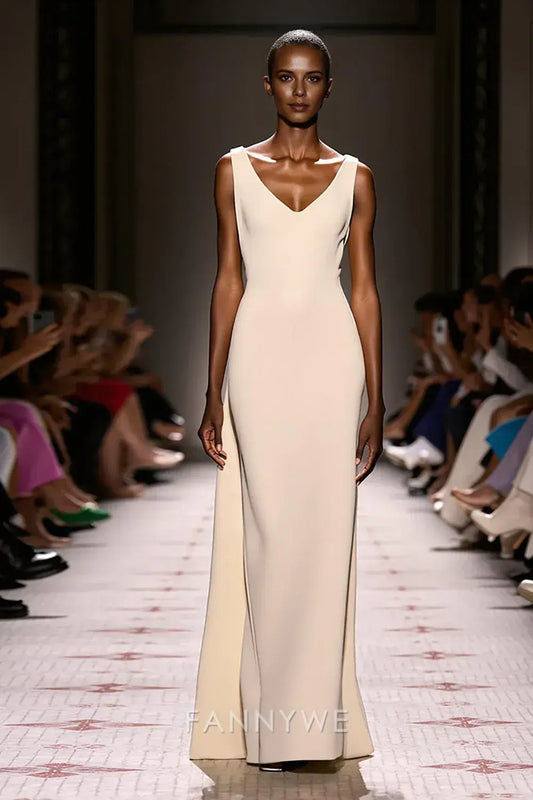 FannyWe Simple Ivory V-Neck Sheath Satin Backless Long Evening Dress