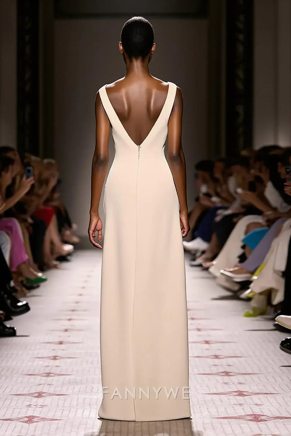 FannyWe Simple Ivory V-Neck Sheath Satin Backless Long Evening Dress