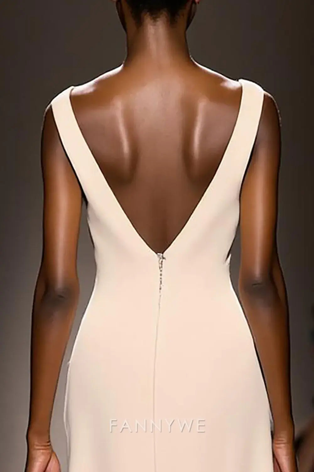 FannyWe Simple Ivory V-Neck Sheath Satin Backless Long Evening Dress