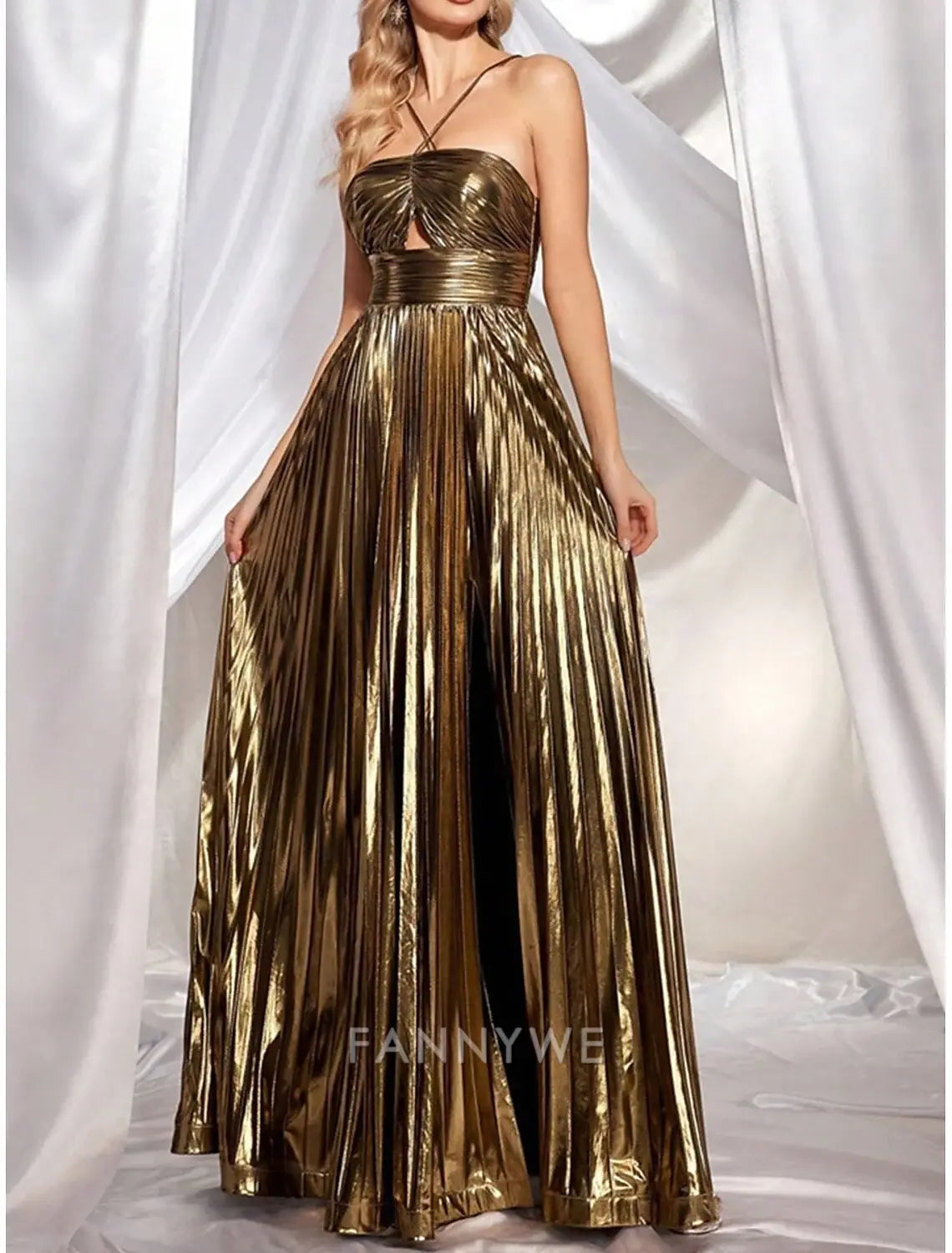 FannyWe Simple Lurex Pleat Gold Maxi Dress A-Line Quinceanera Dresses Halter Neck Elegant Dress Wedding Guest Floor Length Lace Up