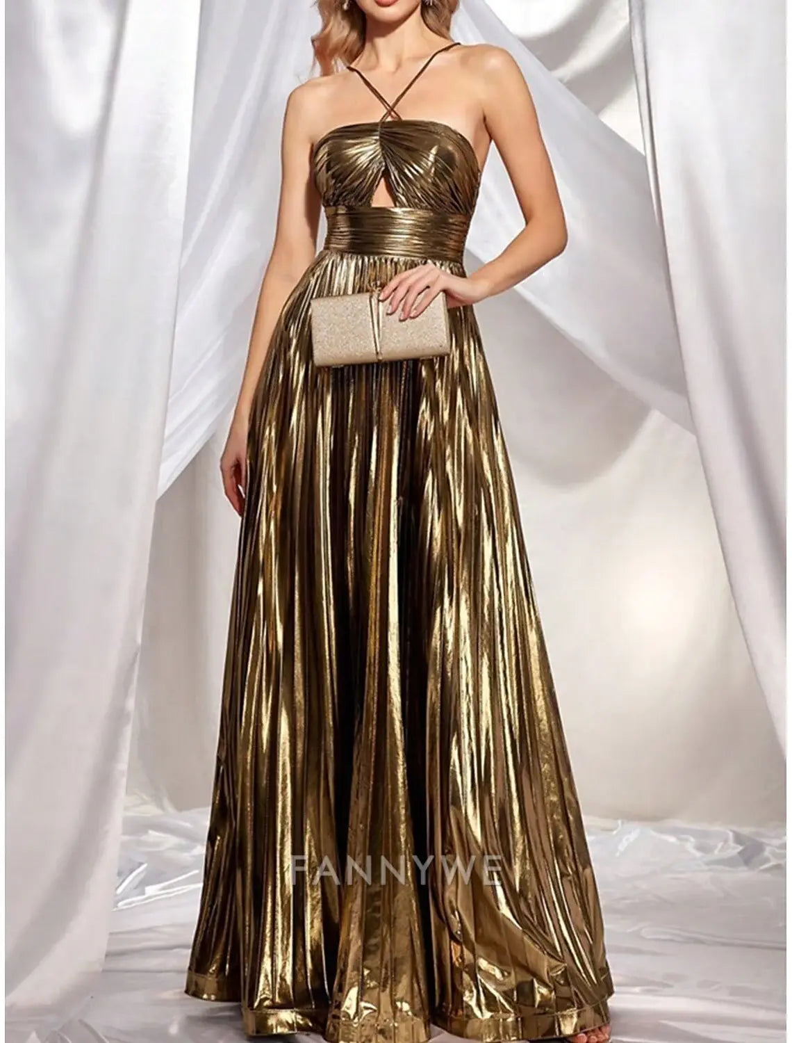 FannyWe Simple Lurex Pleat Gold Maxi Dress A-Line Quinceanera Dresses Halter Neck Elegant Dress Wedding Guest Floor Length Lace Up