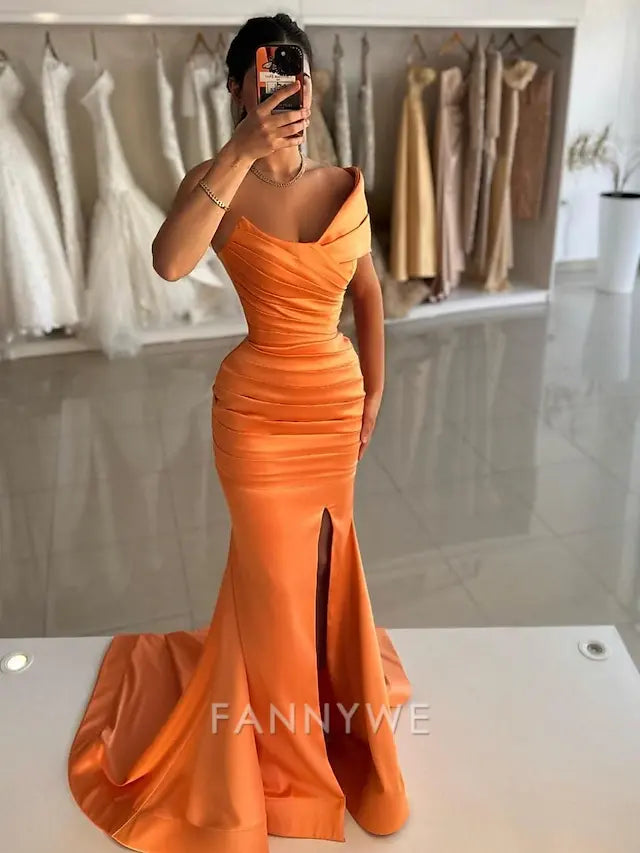 FannyWe Simple Mermaid Prom Dresses Elegant Dress Formal Prom Floor Length Sleeveless Off Shoulder Satin with Ruched Slit Masquerade Dress