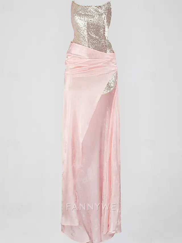 FannyWe Simple Mermaid / Trumpet Drop Waist Prom Evening Gown Sequin Corset Top Celebrity Style Semi Formal Wedding Guest Ruched Floor Length Skirt Jacquard with Slit