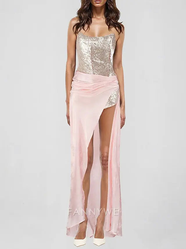 FannyWe Simple Mermaid / Trumpet Drop Waist Prom Evening Gown Sequin Corset Top Celebrity Style Semi Formal Wedding Guest Ruched Floor Length Skirt Jacquard with Slit