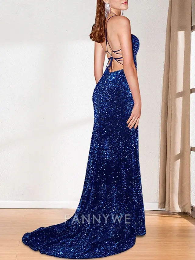 FannyWe Simple Mermaid / Trumpet Mother of the Bride Dress Formal Evening Church Elegant Sparkle & Shine Open Back Spaghetti Strap Strapless Straight Neckline Sweep / Brush Train Satin Spandex Sleeveless