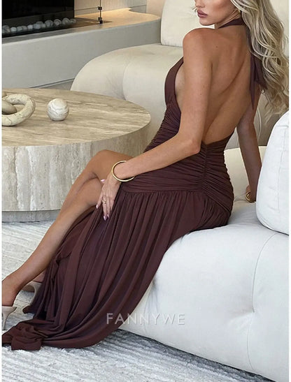 FannyWe Simple Mermaid / Trumpet Party Dresses Elegant Dress Wedding Wedding Guest Floor Length Sleeveless Halter Neck Imitation Silk Backless with Slit