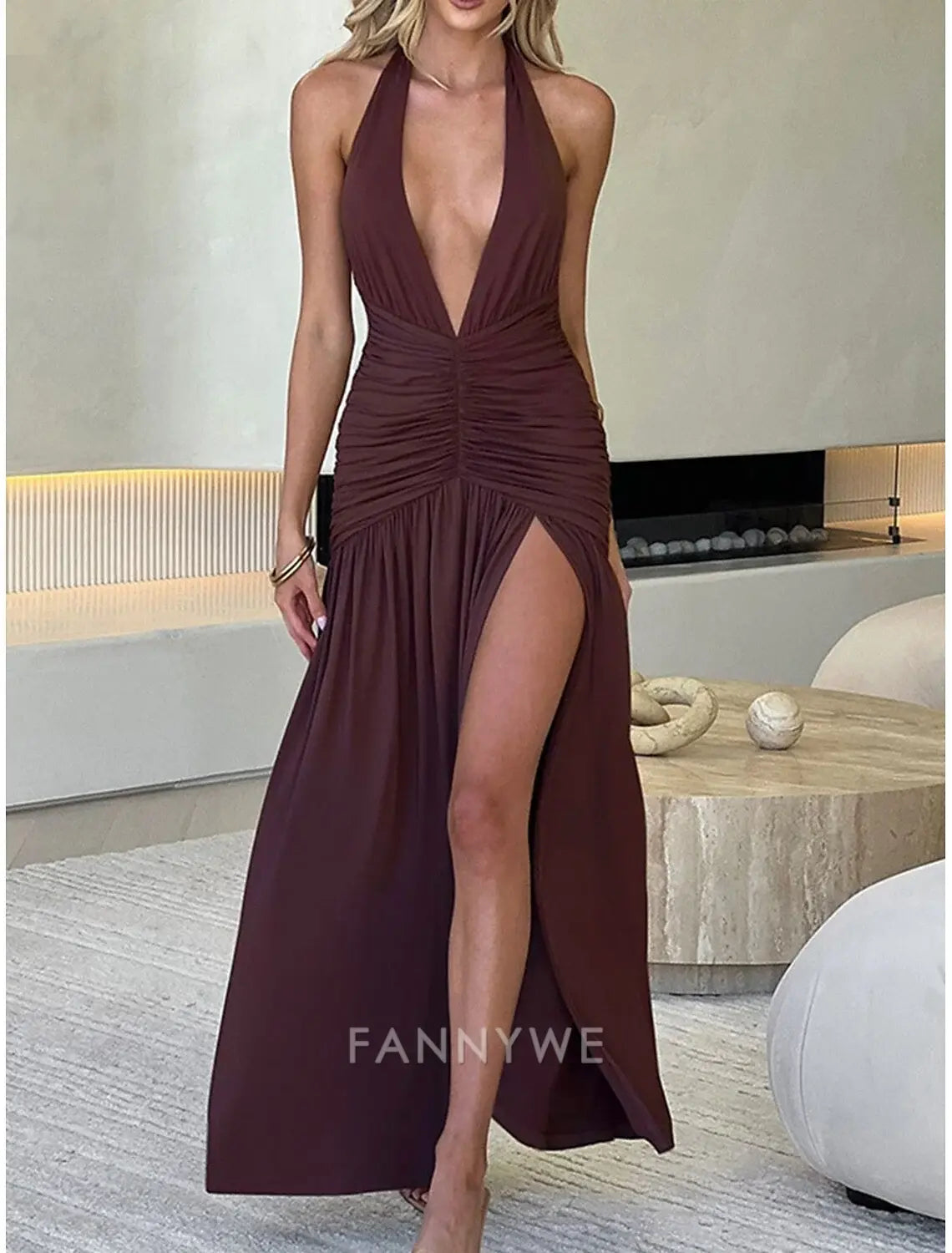 FannyWe Simple Mermaid / Trumpet Party Dresses Elegant Dress Wedding Wedding Guest Floor Length Sleeveless Halter Neck Imitation Silk Backless with Slit